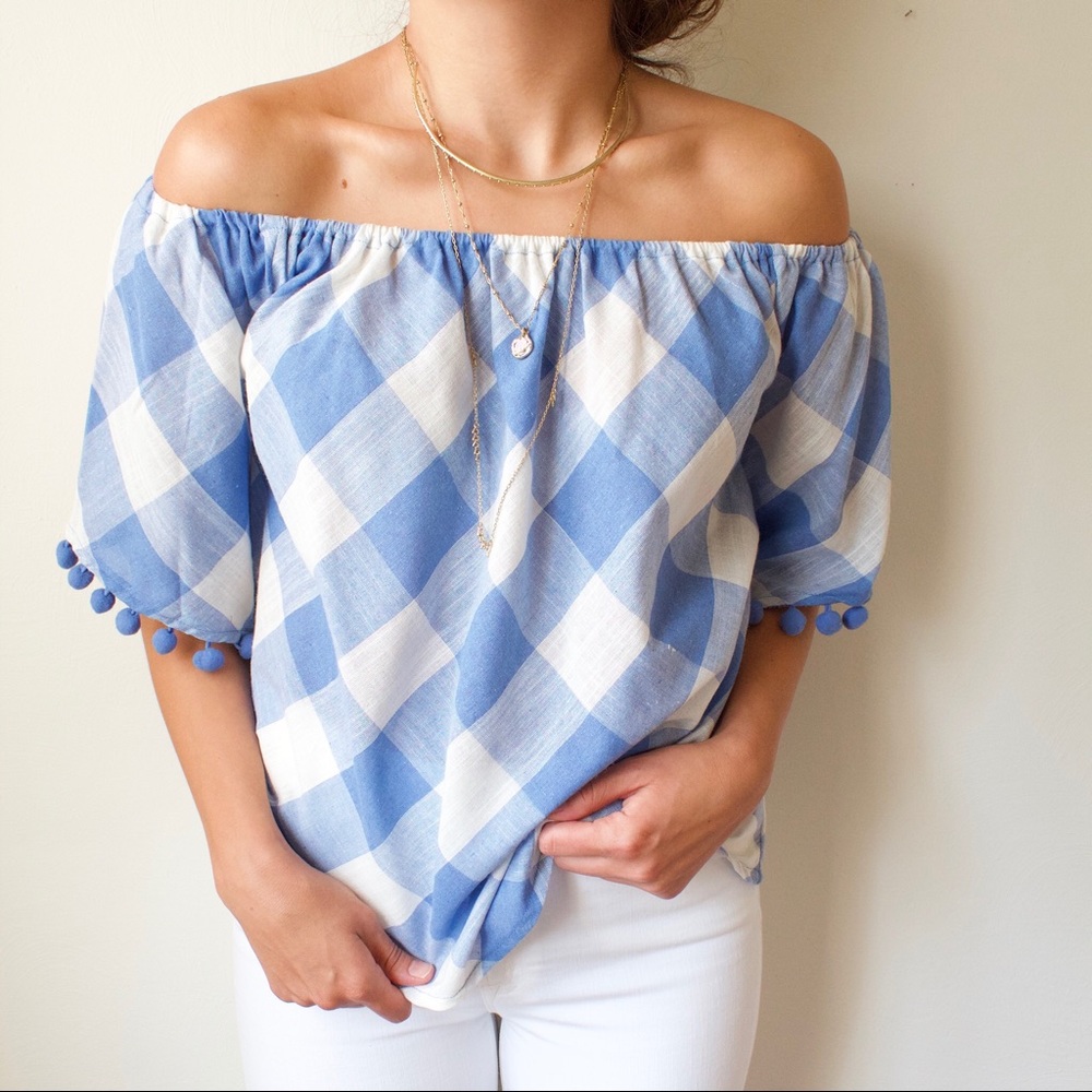 Gingham Off-the-Shoulder Pom Pom Blouse - Picture 2 of 6